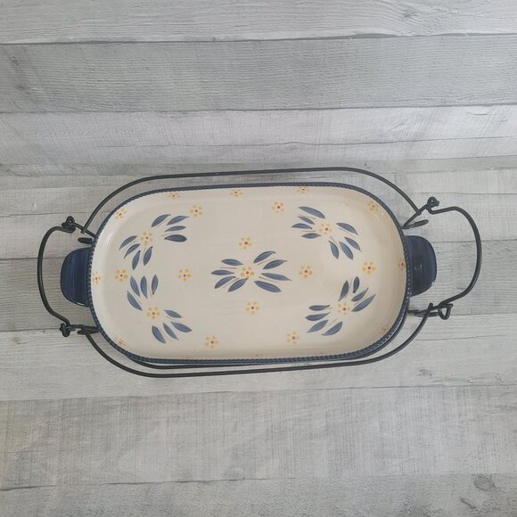 Temptations by Tara Old World Blue Ceramic Casserole w Stand - Picture 3 of 11